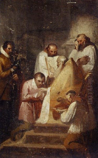 A Bishop Reading From A Book With Acolytes Oil Painting by Alexandre-Evariste Fragonard