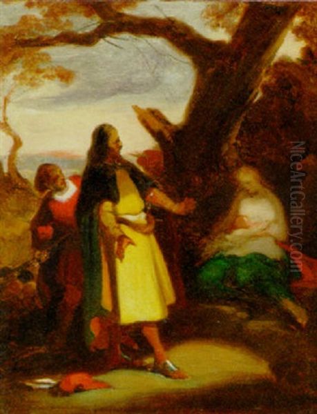 An Elegant Traveller Discovering A Woman And Child In A Landscape Oil Painting by Alexandre-Evariste Fragonard