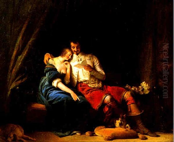 Deux Epoux Relisant Leur Correspondance Amoureuse Oil Painting by Alexandre-Evariste Fragonard