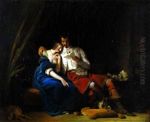 Deux Epoux Relisant Leur Correspondance Amoureuse Oil Painting by Alexandre-Evariste Fragonard