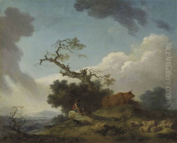 A Shepherd And Herdsman Seated On A Rock With Cows And Sheep, A Landscape Beyond Oil Painting by Jean-Honore Fragonard