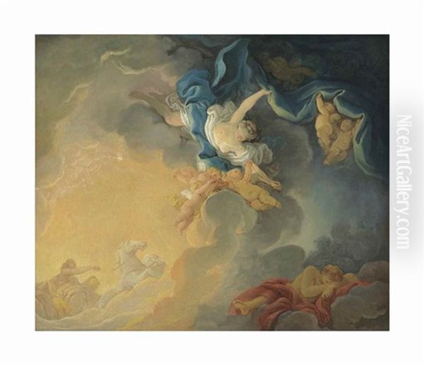 The Goddess Aurora Triumphs Over Night, Announcing Apollo In His Chariot, While Morpheus Sleeps - A Bozzetto Oil Painting by Jean-Honore Fragonard