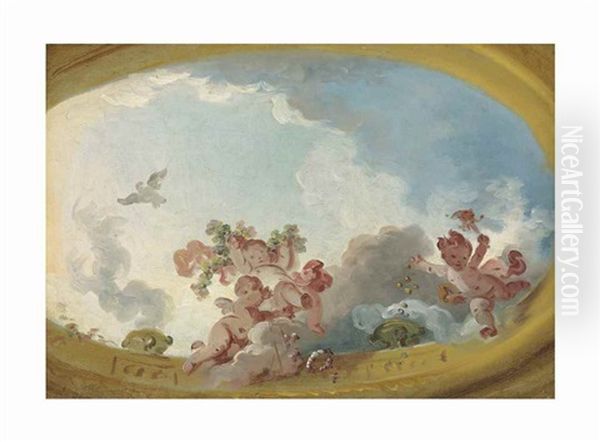 Three Putti, One Representing Folly - A Modello Oil Painting by Jean-Honore Fragonard