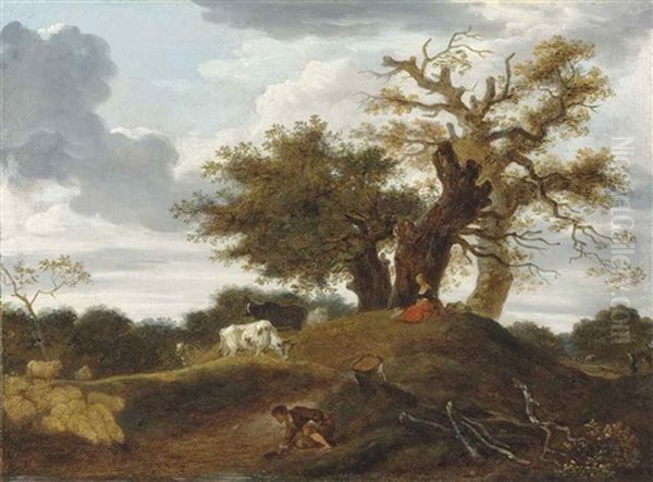 A Wooded Landscape With Figures At The Edge Of A Pond Oil Painting by Jean-Honore Fragonard