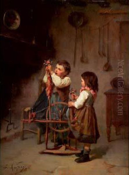 Enfants Jouant Avec Un Rouet Oil Painting by Joseph-Athanase Aufray