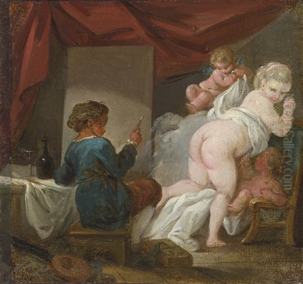 Artist And Model Oil Painting by Jean-Honore Fragonard