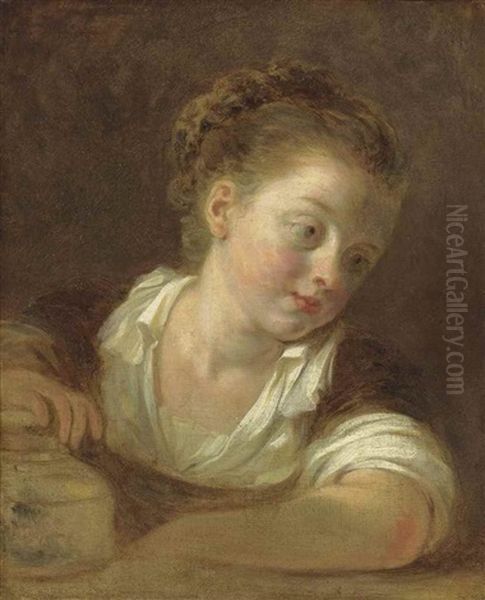 A Girl In A White Blouse And Brown Dress, Leaning On A Ledge, Her Right Hand Resting On A Jar Oil Painting by Jean-Honore Fragonard