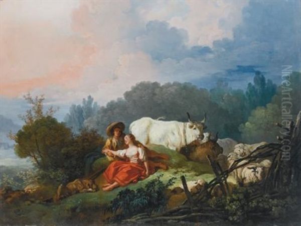 Pastoral Landscape With A Shepherd And Shepherdess At Rest Oil Painting by Jean-Honore Fragonard