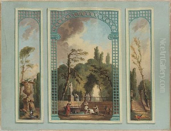 A Tromp L'oeil Showing Figures By A Fountain by Jean-Honore Fragonard