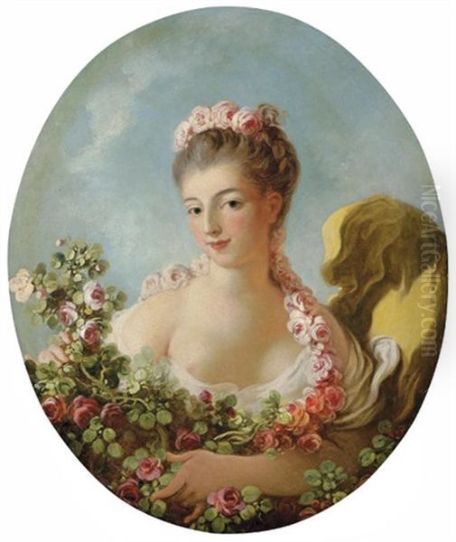 Young Woman With A Garland Of Roses (adeline Colombe?) Oil Painting by Jean-Honore Fragonard