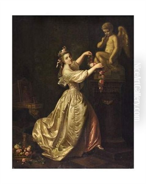 Femme Parant L'amour De Guirlandes Oil Painting by Jean-Honore Fragonard