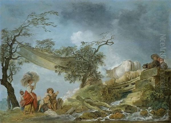 A Landscape With Women Watching A Drover And His Flock Crossing A Bridge (le Pont Du Bois) Oil Painting by Jean-Honore Fragonard