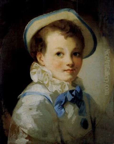 Kinderbildnis - Knabe Mit Hut, Blauer Bluse Und Schleife Oil Painting by Jean-Honore Fragonard