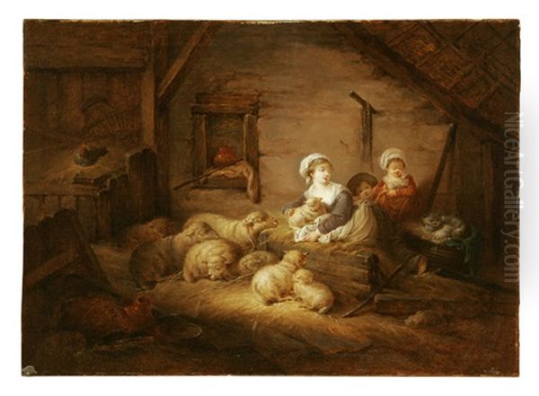 Stable Interior Oil Painting by Jean-Honore Fragonard