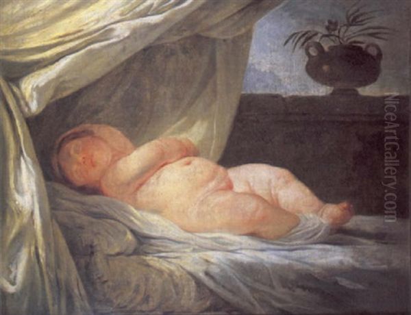 An Infant Girl Sleeping On A Canopied Bed Oil Painting by Jean-Honore Fragonard