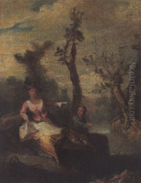 Wilde Flusslandschaft Mit Dame Und Junge Oil Painting by Jean-Honore Fragonard