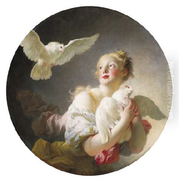 Girl Holding A Dove (marie-catherine Colombe?) Oil Painting by Jean-Honore Fragonard