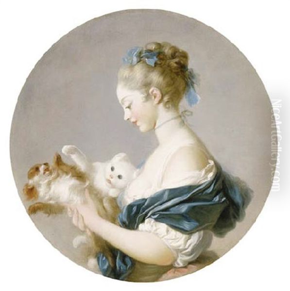 Girl Playing With A Dog And A Cat (marie-madeleine Colombe?) Oil Painting by Jean-Honore Fragonard