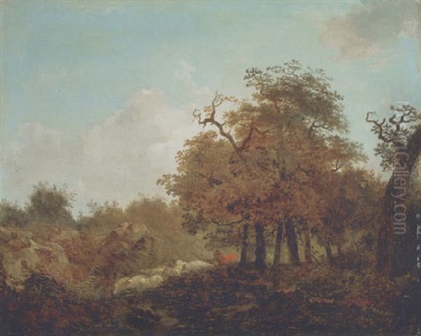 A Wooded Landscape With A Shepherd Rounding Up His Flock Oil Painting by Jean-Honore Fragonard