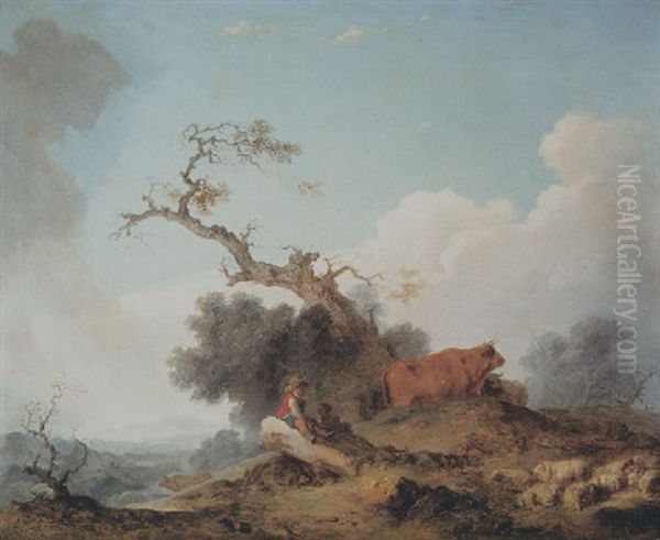 A Shepherd Seated On A Rock In A Landscape Oil Painting by Jean-Honore Fragonard