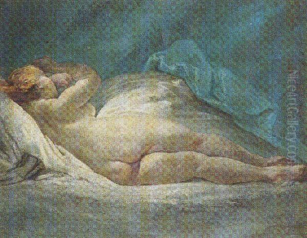 A Reclining Female Nude Oil Painting by Jean-Honore Fragonard