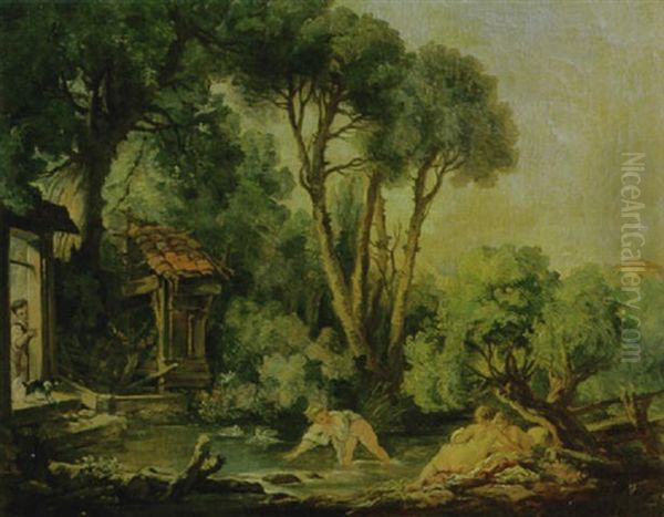 Bathers In Pastoral Landscape Oil Painting by Jean-Honore Fragonard