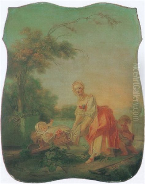 Young Woman With Her Baby In A Wheelbarrow Oil Painting by Jean-Honore Fragonard