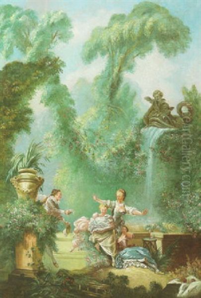 Elegant Figures Dancing In A Garden With A Waterfall Behind Oil Painting by Jean-Honore Fragonard