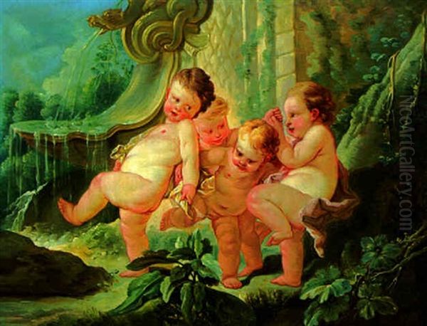 Putti Playing By A Fountain Oil Painting by Jean-Honore Fragonard