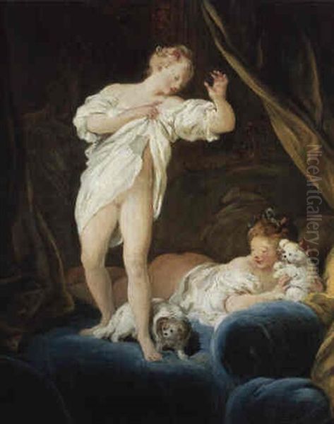 Deux Jeunes Femmes Sur Un Lit Jouant Avec Un Petit Chien: Le Lever Oil Painting by Jean-Honore Fragonard