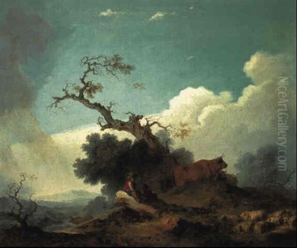 Shepherd Seated On A Rock In A Landscape Oil Painting by Jean-Honore Fragonard