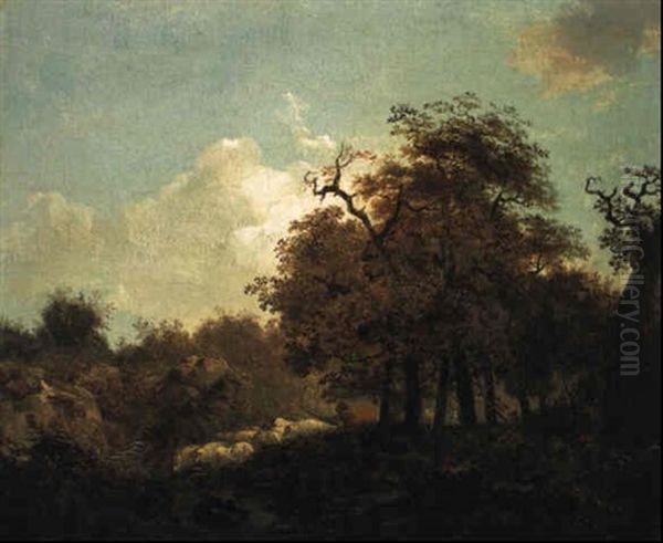 Shepherd Rounding Up His Flock In A Wooded Landscape Oil Painting by Jean-Honore Fragonard