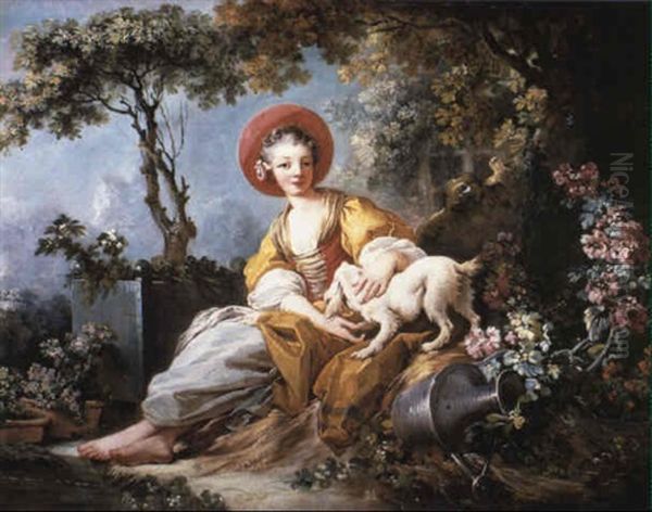 Young Woman Seated With Dog And Watering Can In A Garden Oil Painting by Jean-Honore Fragonard