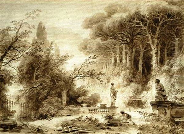 The Garden Of An Italian Villa With A Gardener And Two      Children Playing Oil Painting by Jean-Honore Fragonard