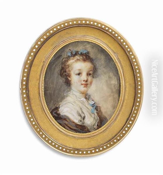 A Girl, In White Dress With Frilled Collar, Blue Ribbon, Choker And Ribbons In Her Hair, A Brown Stole Wrapped Around Her Shoulders Oil Painting by Marie Anne Fragonard