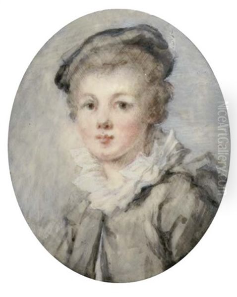 A Young Boy, In Grey Coat, White Shirt With Large Frilled Collar, Black Beret In His Fair Hair Oil Painting by Marie Anne Fragonard