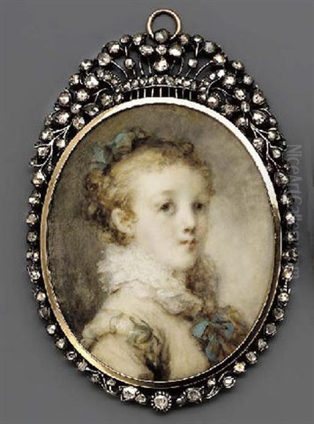 A Young Lady Facing Right, In Pale Cream Dress With Blue Ribbon And Frilled Collar, Blue Ribbon In Her Curling Hair by Marie Anne Fragonard