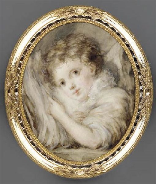 A Young Boy, Leaning His Head On An Open Book, In White Dress With Frilled Collar, Short Curly Brown Hair Oil Painting by Marie Anne Fragonard