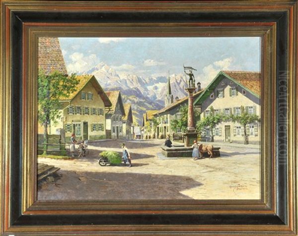 Floriansplatz In Garmisch-partenkirchen Mit Alp- Und Zugspitze Oil Painting by Hans Frahm