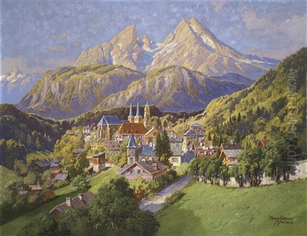 Blick Auf Berchtesgaden Mit Stifts- Und Pfarrkirche, Dahinter Das Watzmannmassiv Oil Painting by Hans Frahm