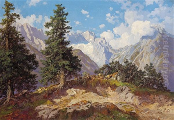 Hollental Bei Kreuzeck Mit Blick Auf Die Zugspitze Oil Painting by Hans Frahm