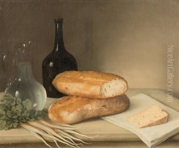 Nature Morte Au Pain, Fromage, Radis Et Bouteille De Vin Oil Painting by Claude Joseph Fraichot