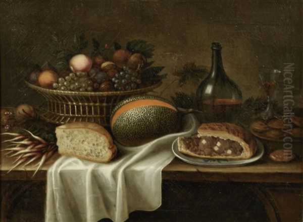 A Basket Of Fruit On Draped Table With A Pie, Faggots, A Split Melon And Wine Oil Painting by Claude Joseph Fraichot