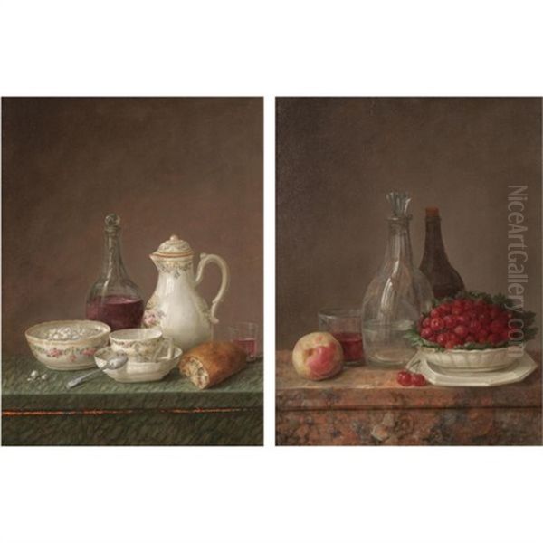 A Still Life With A Carafe Of Wine, A Teapot, A Bowl Of Sugar And A Piece Of Bread On A Marble Ledge (+ Another; Pair) Oil Painting by Claude Joseph Fraichot