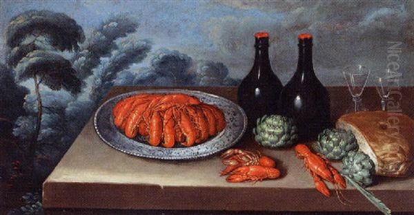 Artichokes And Crayfish On A Porcelain Dish With Wine Glasses On A Tabletop Oil Painting by Claude Joseph Fraichot