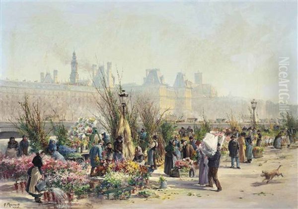 A Flower Market On The Seine, The Louvre Beyond Oil Painting by Georges Fraipont