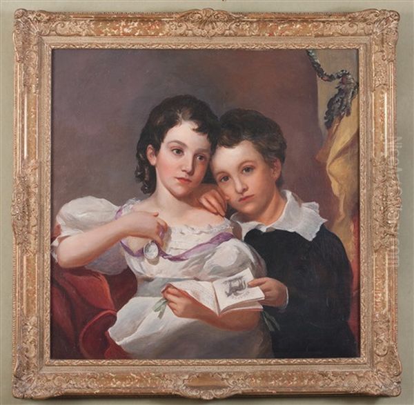 Portrait Of A Brother And Sister Holding A School Book, She With Ribboned Merit Award Oil Painting by Manuel Joachim De Franca