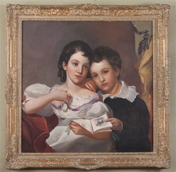 Portrait Of A Borther And Sister Holding A School Book, She With Ribbones Merit Award Oil Painting by Manuel Joachim De Franca