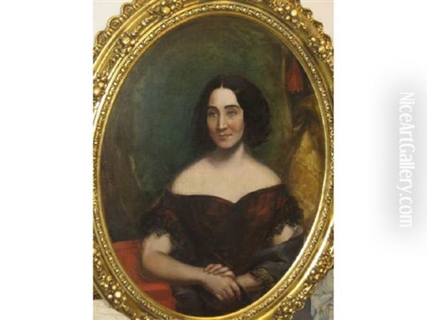 Portrait Of Florence Tracy Wearing A Red Gown And Black Lace Shawl Oil Painting by Manuel Joachim De Franca