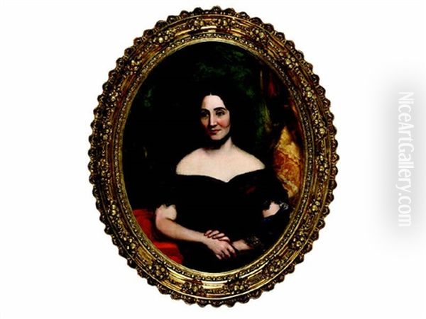 Portrait Of Florence Tracy, Shown Seated Wearing A Red Gown And Black Lace Shawl Oil Painting by Manuel Joachim De Franca